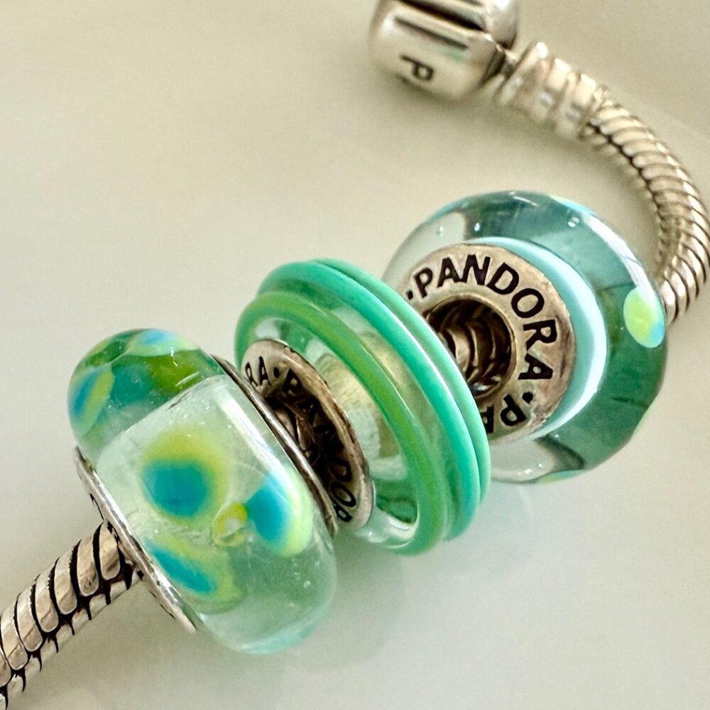 Three Authentic Pandora Retired Teal Murano Glass Charms Silver